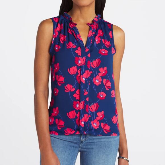 41 Hawthorn Sleeveless Ruffle Neck Orlee Top - Blue/Red NWT Petite Size Medium - Picture 1 of 9